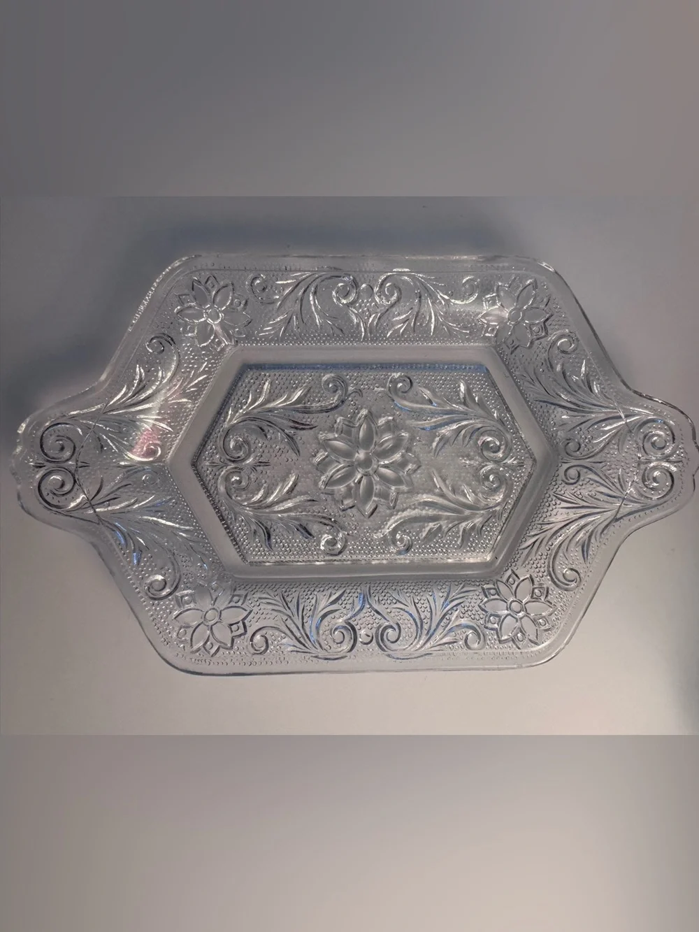 Vintage Decorative Clear Glass Vanity Tray with Intricate Etching Cottagecore
